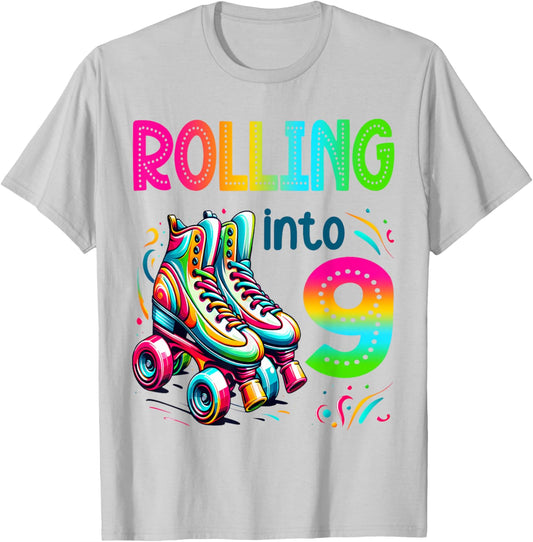 Rolling Into 9 Years Old Roller Skating 9th Birthday Kids T-Shirt - T-Shirt | Ash