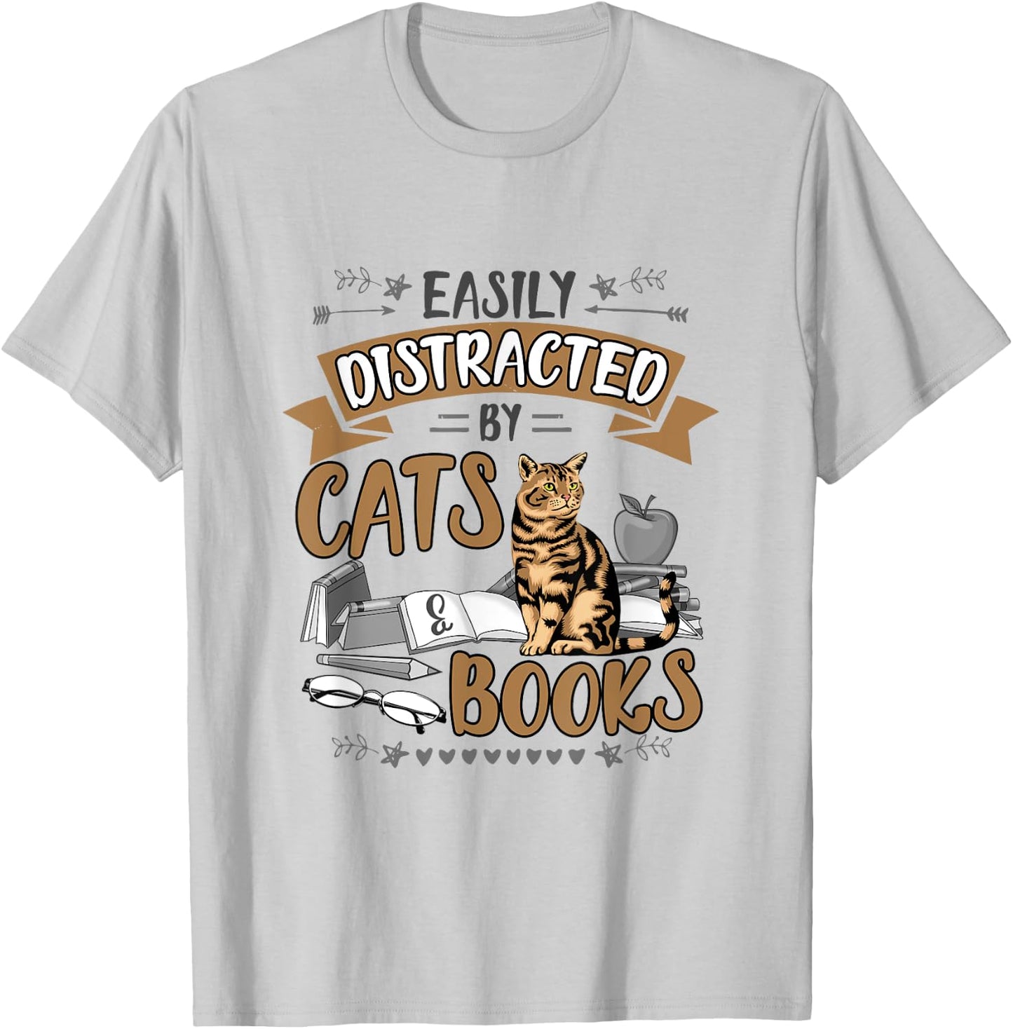 Easily Distracted by Cats and Books Men Women Cat Lovers T-Shirt - T-Shirt | Ash