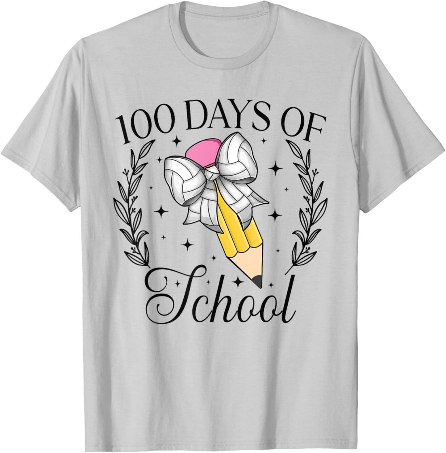 100 Days Of School Volleyball Coquette Pencil Bow 100th Day T-Shirt - T-Shirt | Ash