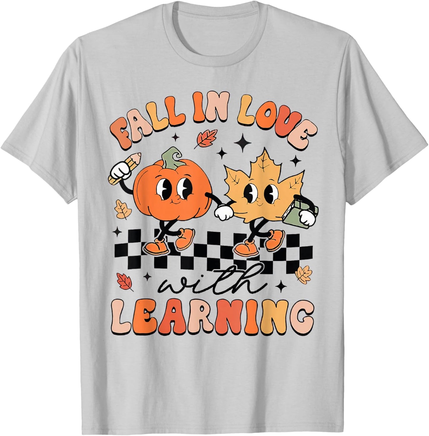 Retro Fall In Love With Learning Autumn Pumpkin Teacher T-Shirt - T-Shirt | Ash