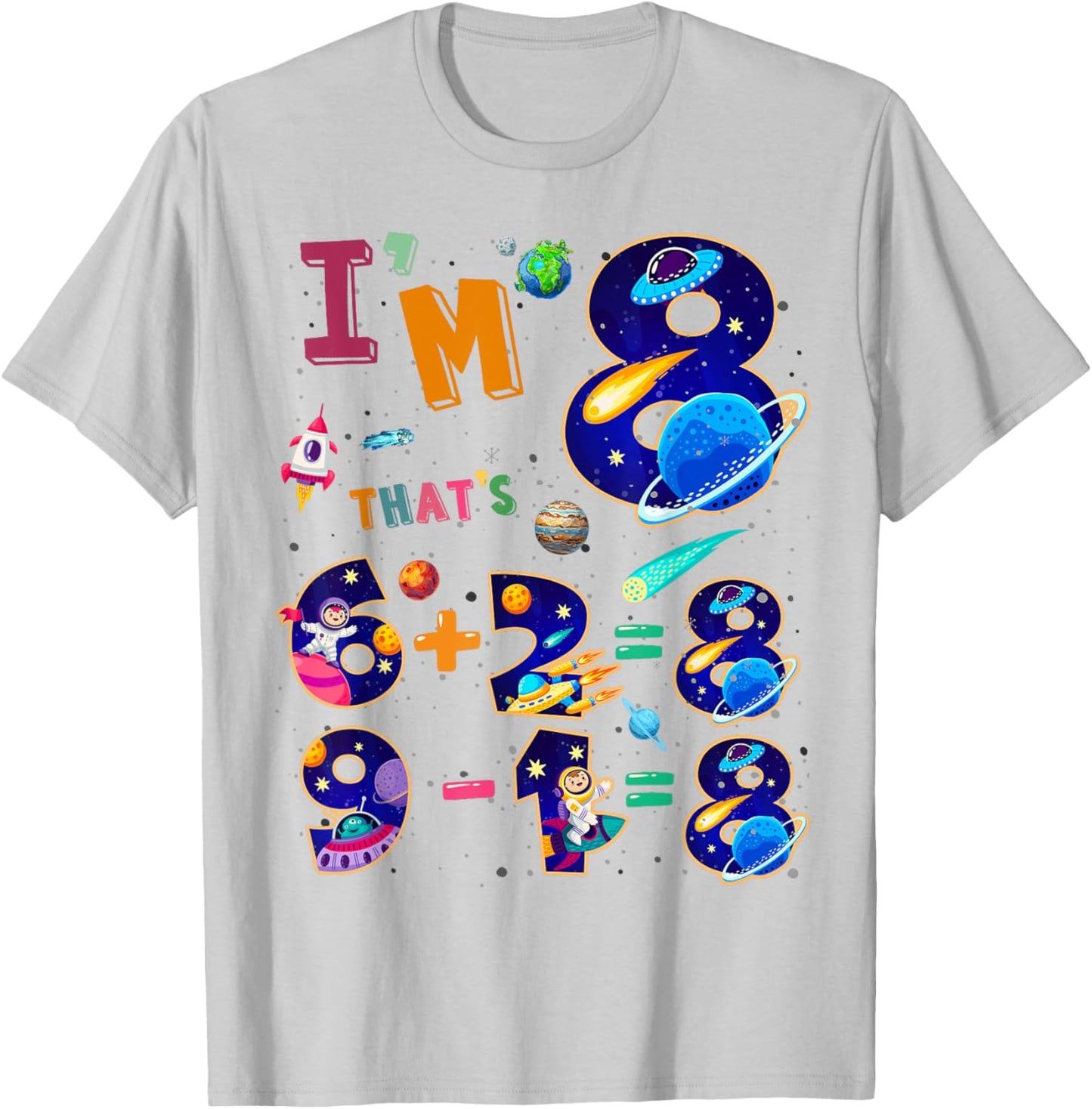 Maths 8th Birthday Space Idea For Kids & 8 Year Old Numbers T-Shirt - T-Shirt | Ash