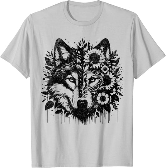 Sunflower Wolf Flowers Wolf Face for Wolves Lover women wolf T-Shirt - T-Shirt | Ash