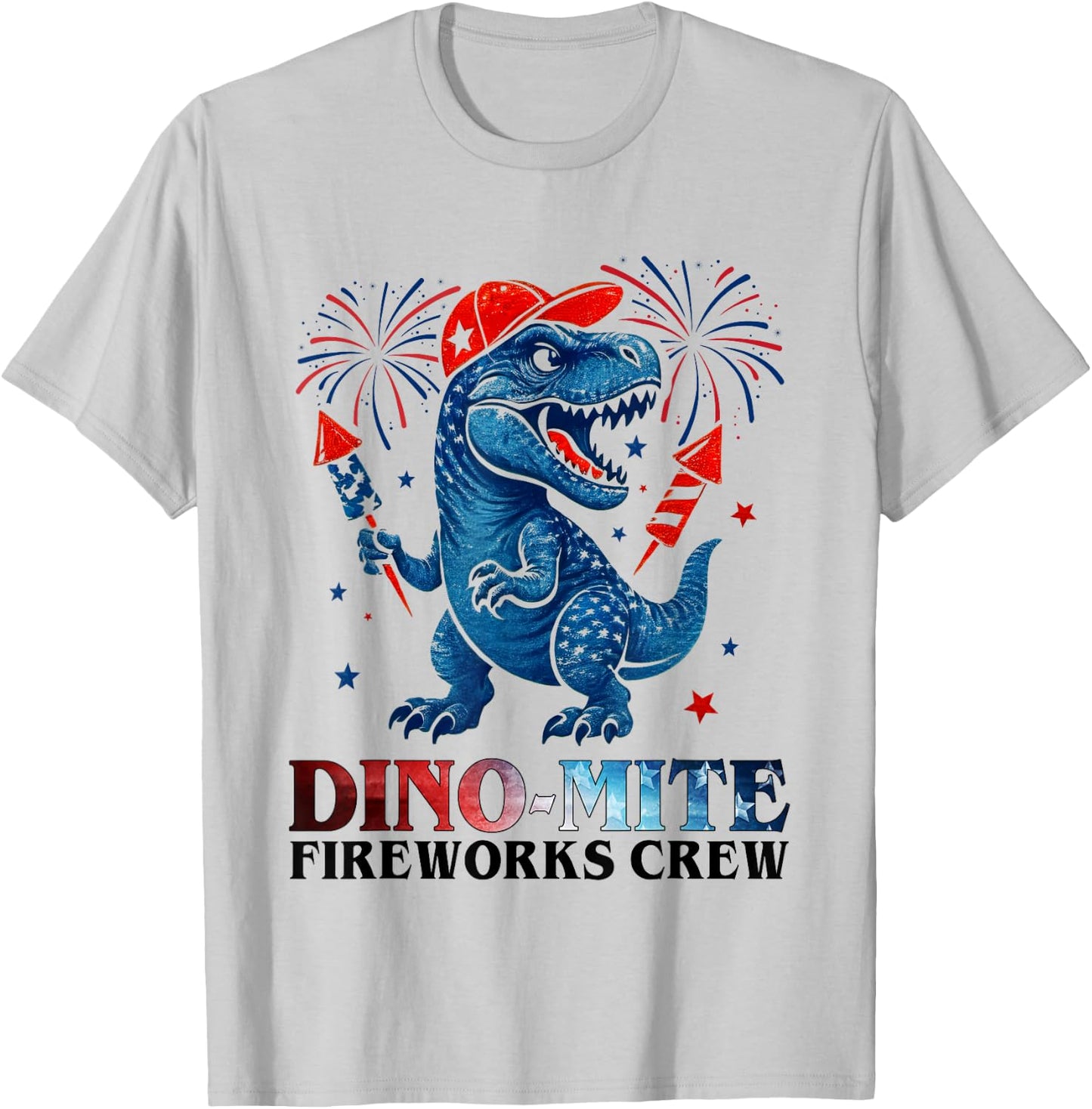 Dino-Mite Fireworks Crew Dinosaur USA Flag 4th Of July Kids T-Shirt - T-Shirt | Ash