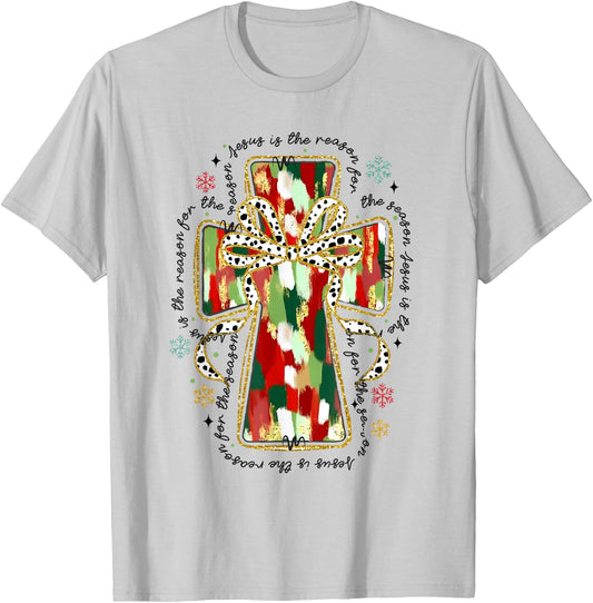 Christmas Jesus is the Reason Christian Cross Coquette Bow T-Shirt - T-Shirt | Ash