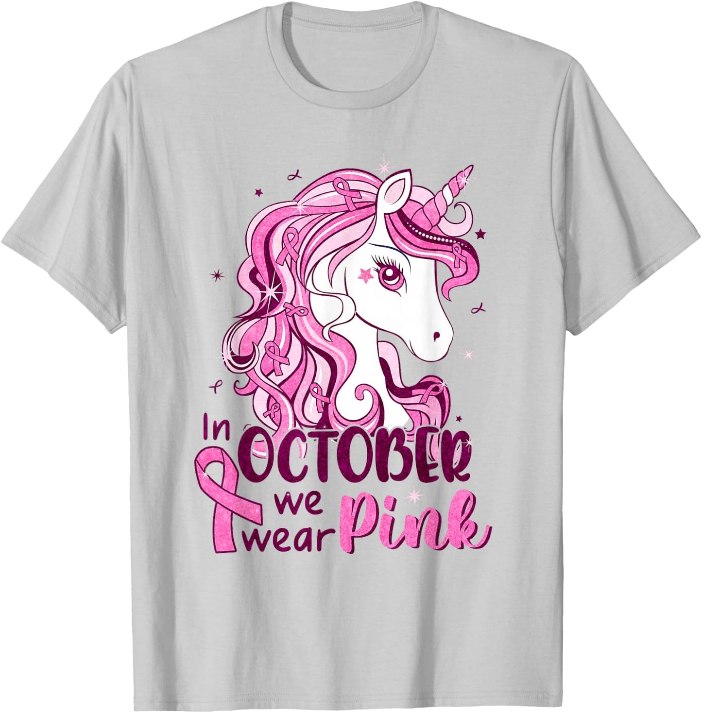 In October We Wear Pink Unicorn Breast Cancer Shirts Girls T-Shirt - T-Shirt | Ash