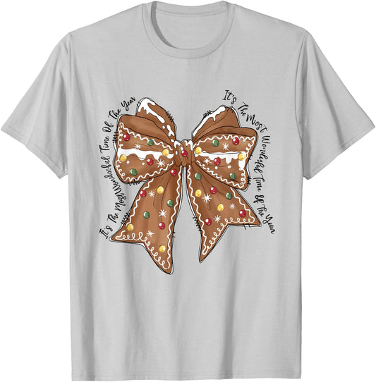 Funny Christmas Outfit Women Kids Christmas Gingerbread Coquette Bow Xmas T-Shirt - T-Shirt | Ash