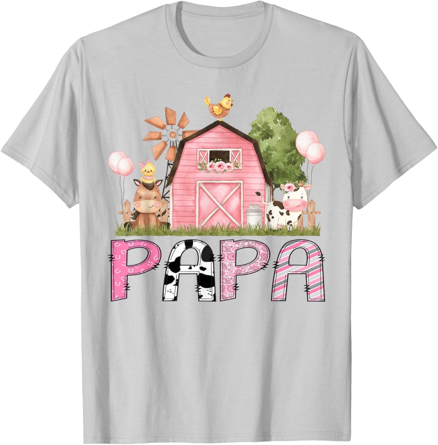 Papa Pink Farm Animal Birthday Kids Matching Family T-Shirt - T-Shirt | Ash