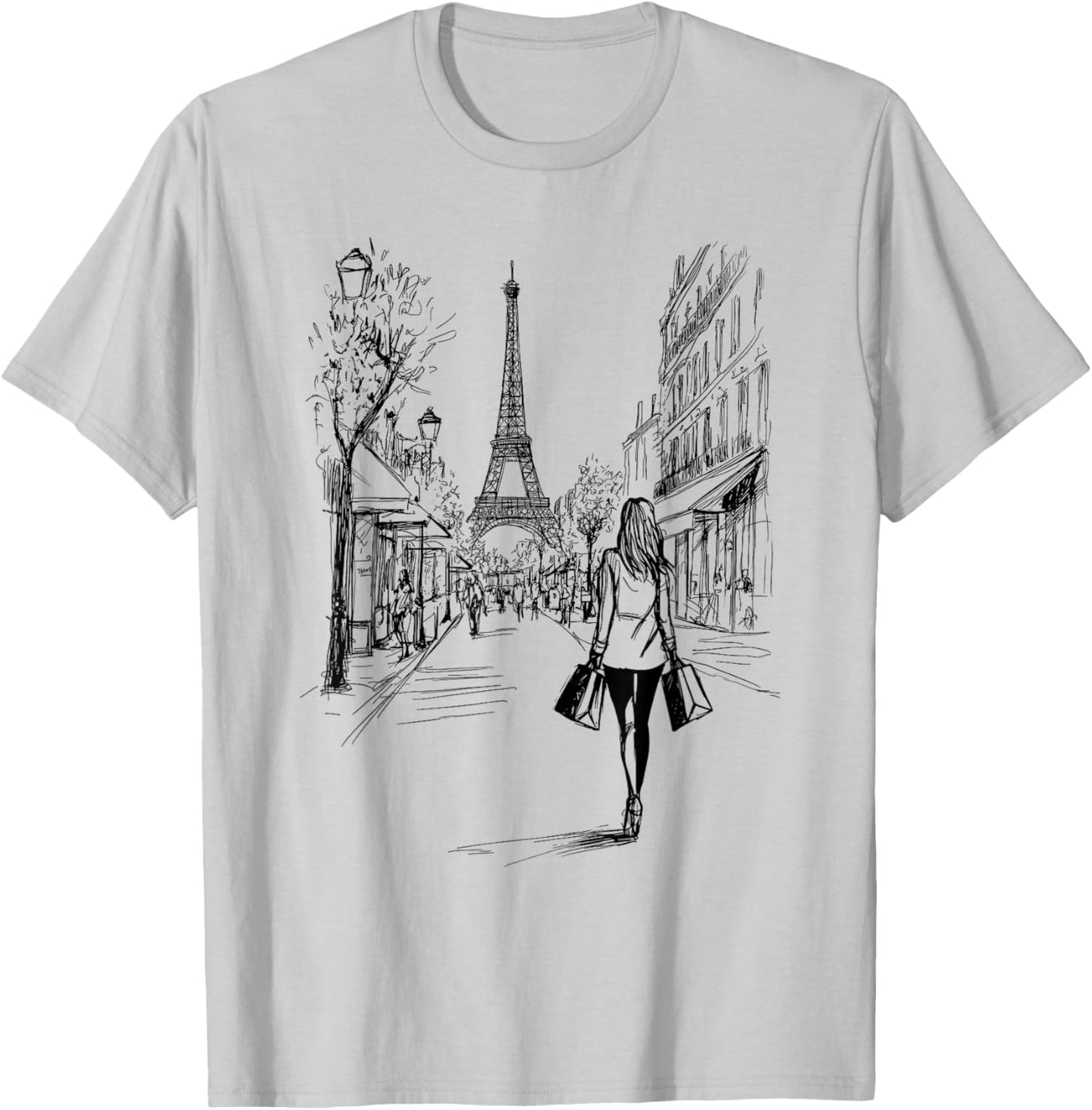 Paris Shopping Eiffel Tower Cute Girl Drawing Souvenir Art T-Shirt - T-Shirt | Ash