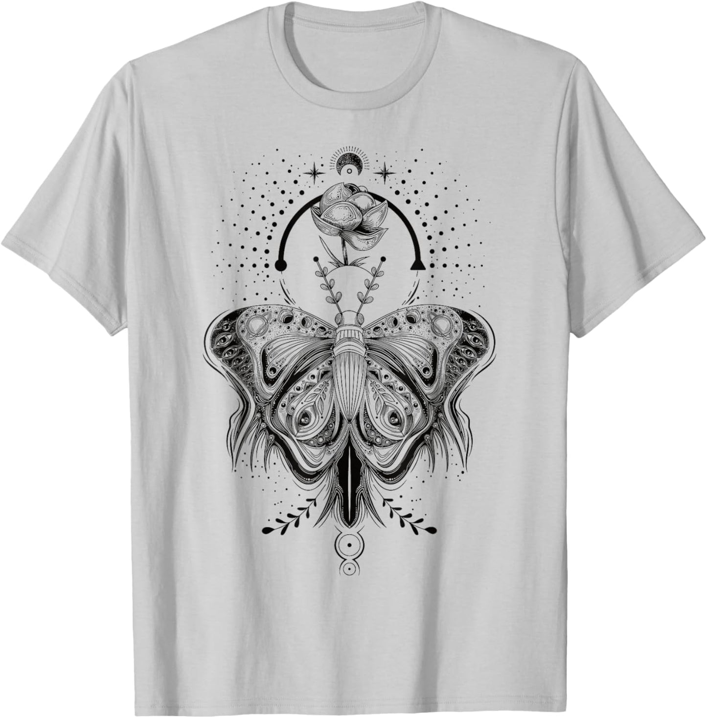 Floral Moth Butterfly Flower Celestial Geometry T-Shirt - T-Shirt | Ash