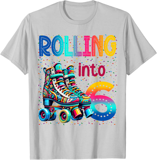 Rolling Into 6 Years Old Roller Skating 6th Birthday Kids T-Shirt - T-Shirt | Ash