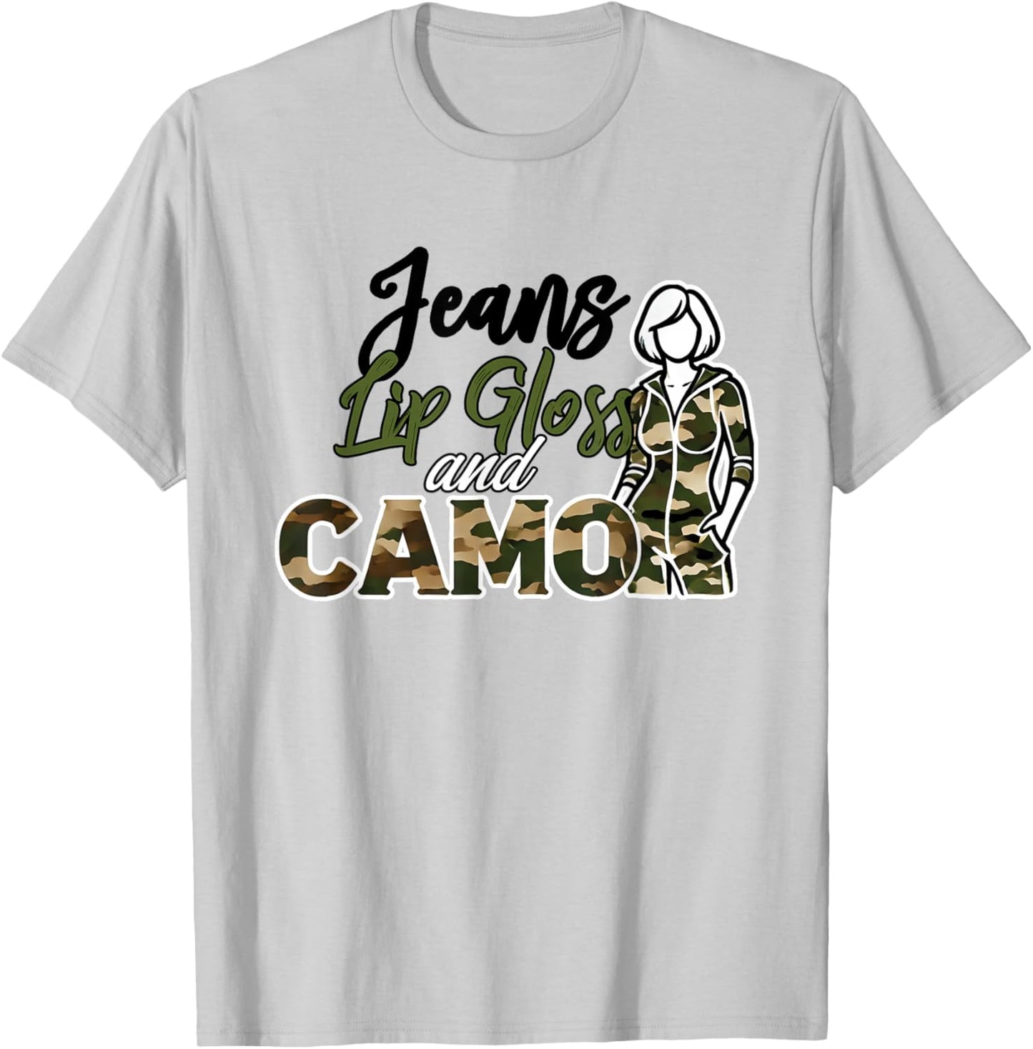 Jeans Lip Gloss Camo Sayings Graphic Orange T-Shirt - T-Shirt | Ash