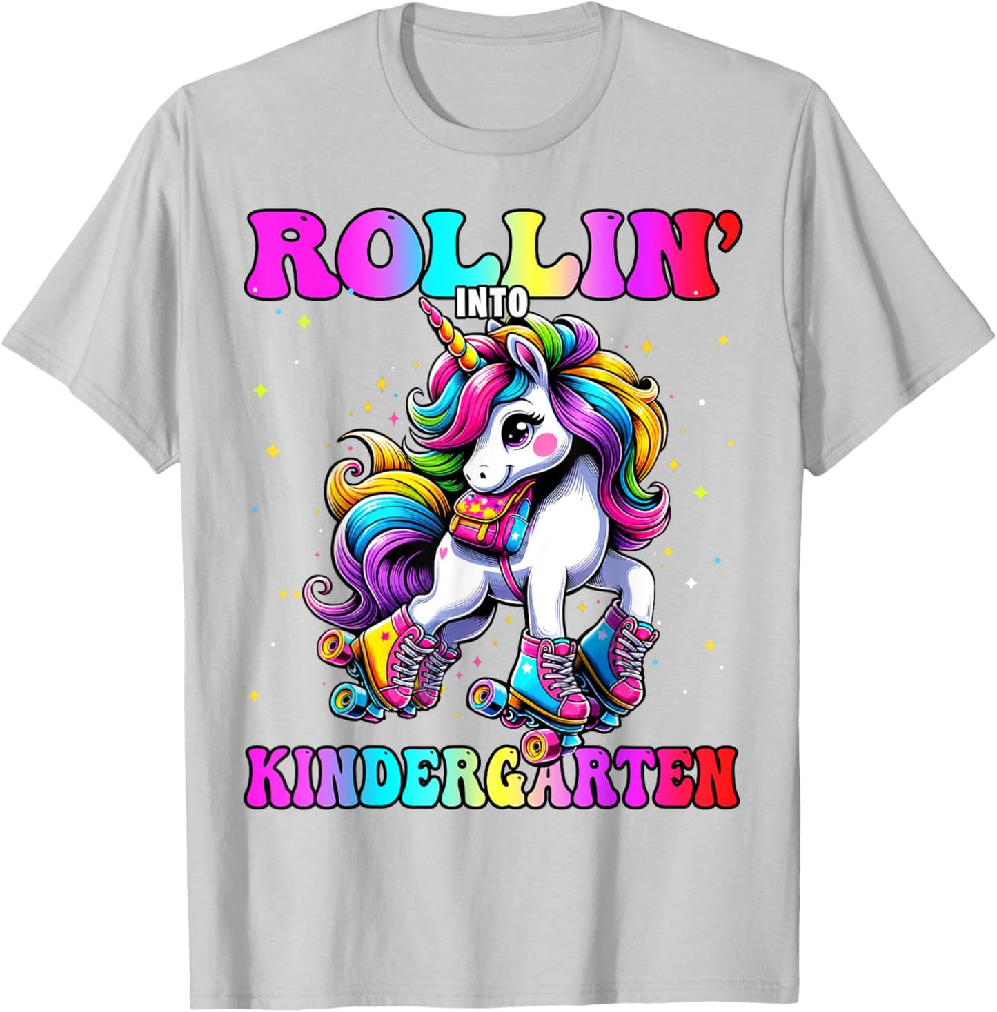 Kindergarten Back To School First Day Girls Rollin Unicorn T-Shirt - T-Shirt | Ash