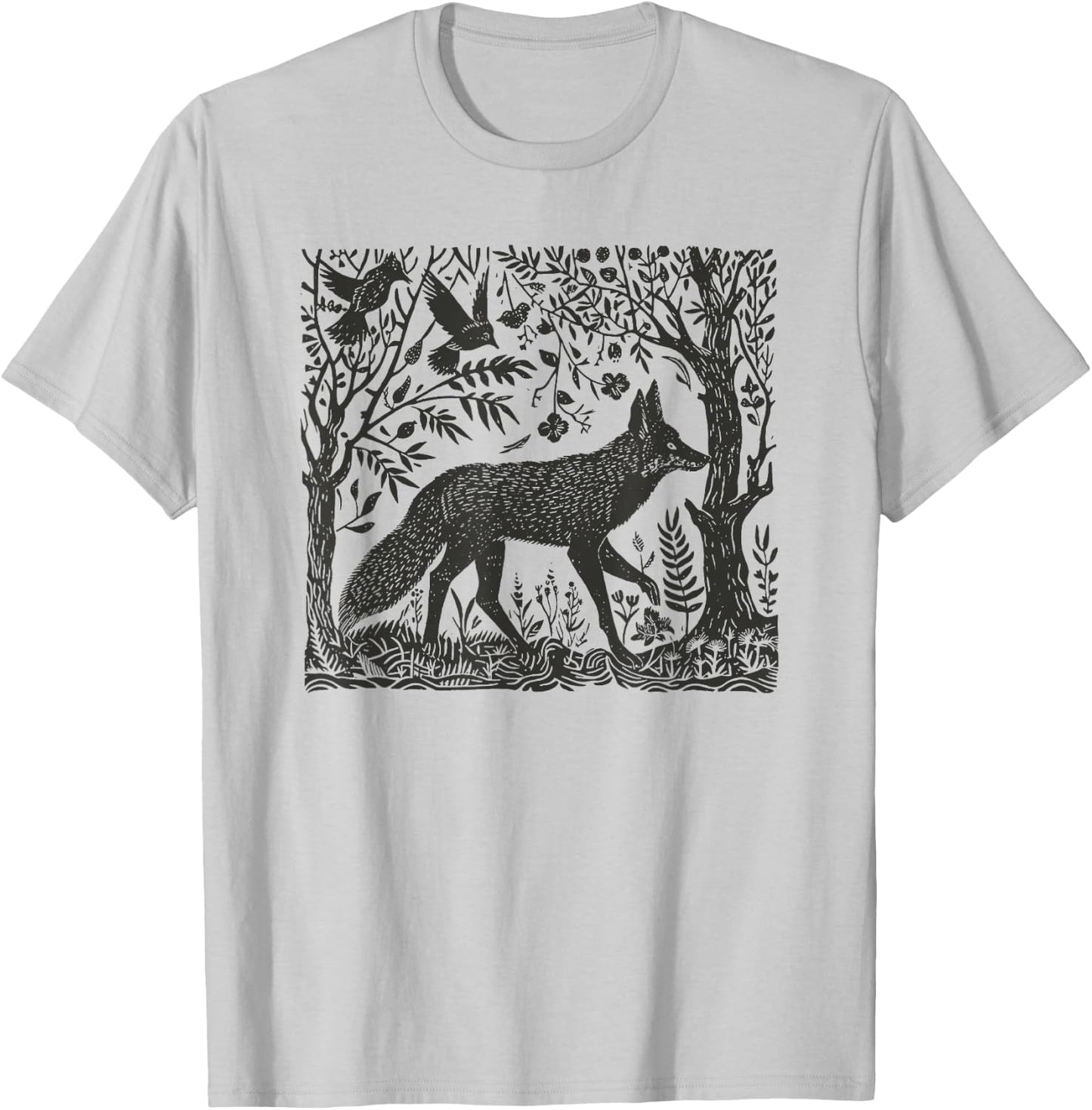 Folklore Forest Fox Lino Print T-Shirt - T-Shirt | Ash