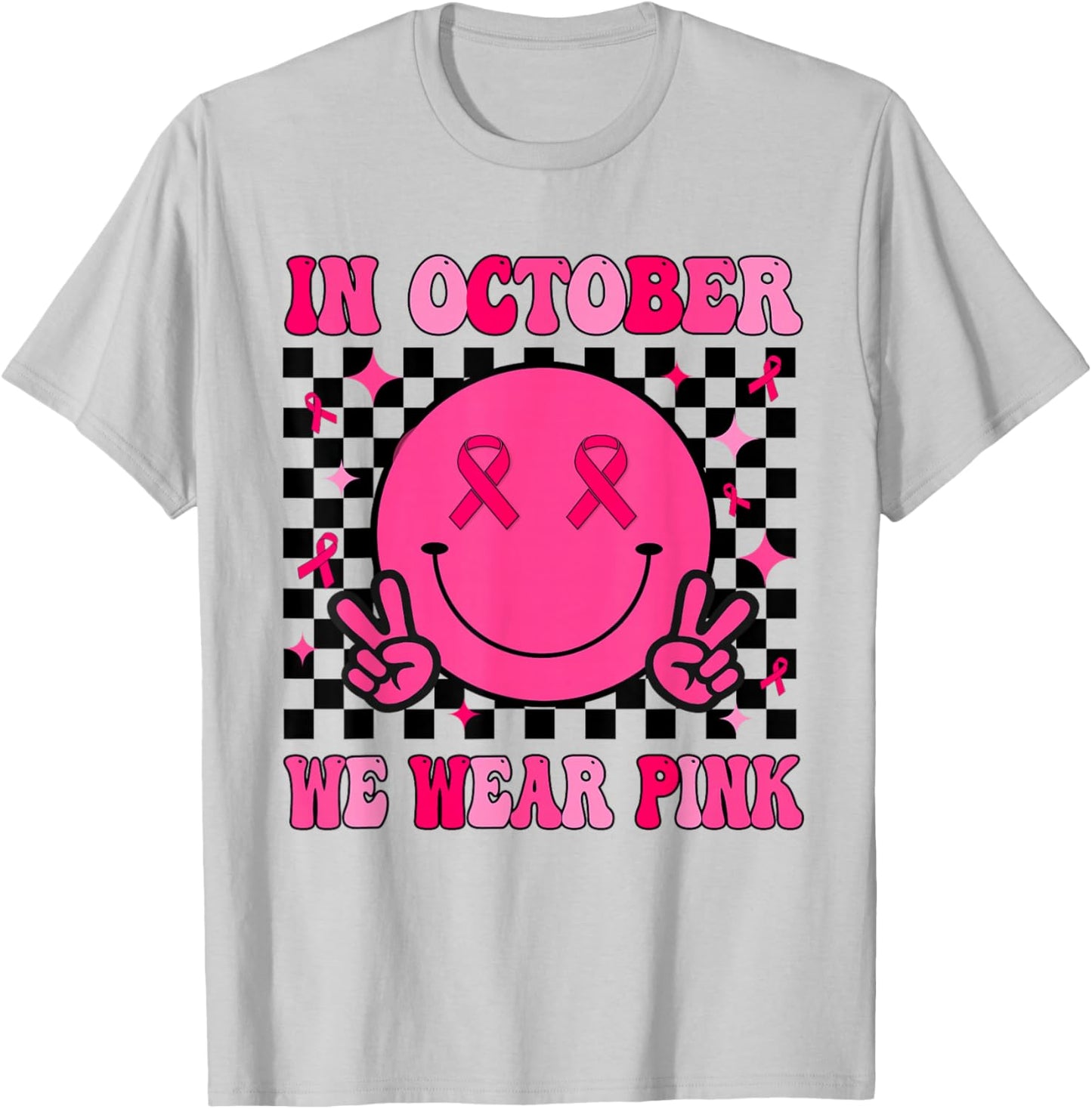 Groovy Breast Cancer Awareness In October We Wear Pink T-Shirt - T-Shirt | Ash