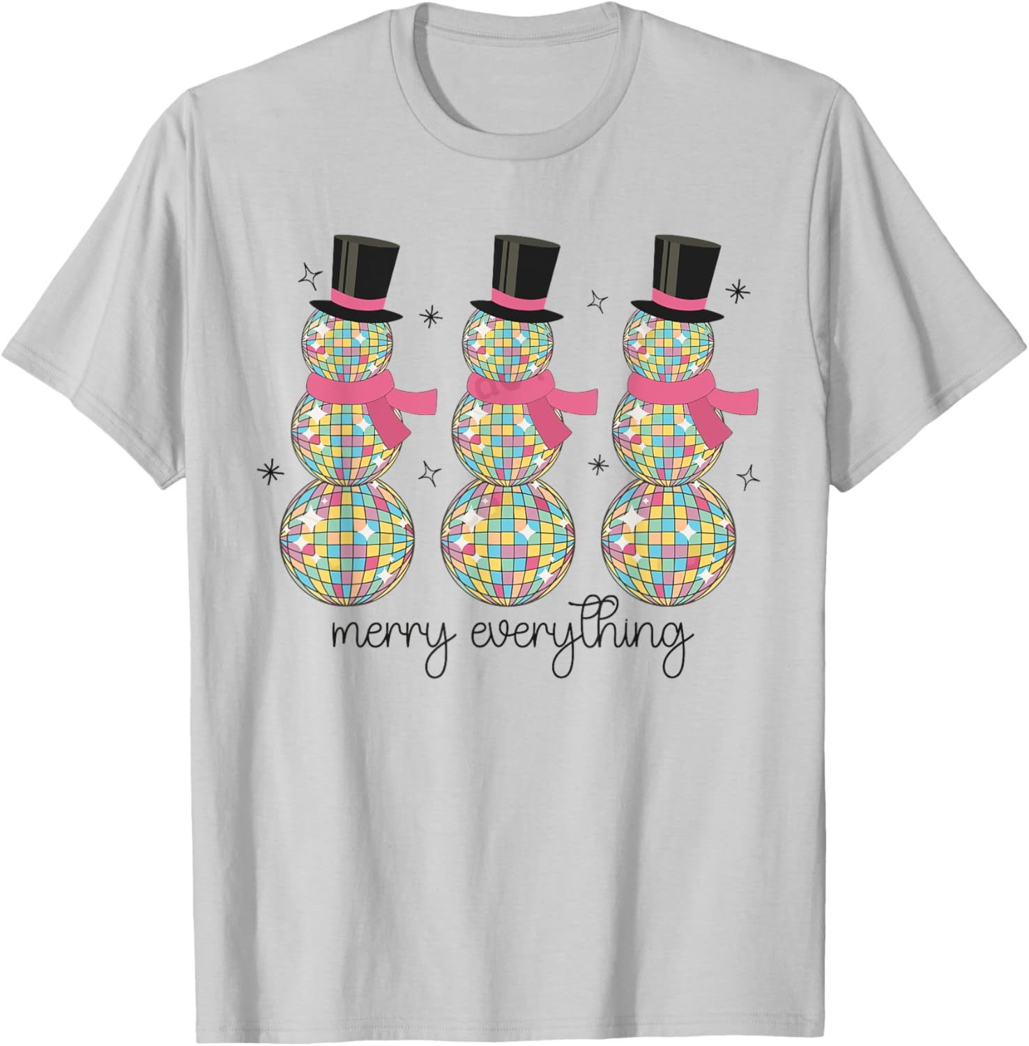 Merry Everything Disco Ball Snowman Christmas Party Xmas T-Shirt - T-Shirt | Ash