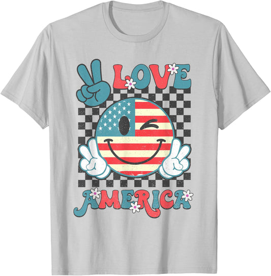 Peace Love America Smile Face US Flag Fourth 4th Of July T-Shirt - T-Shirt | Ash