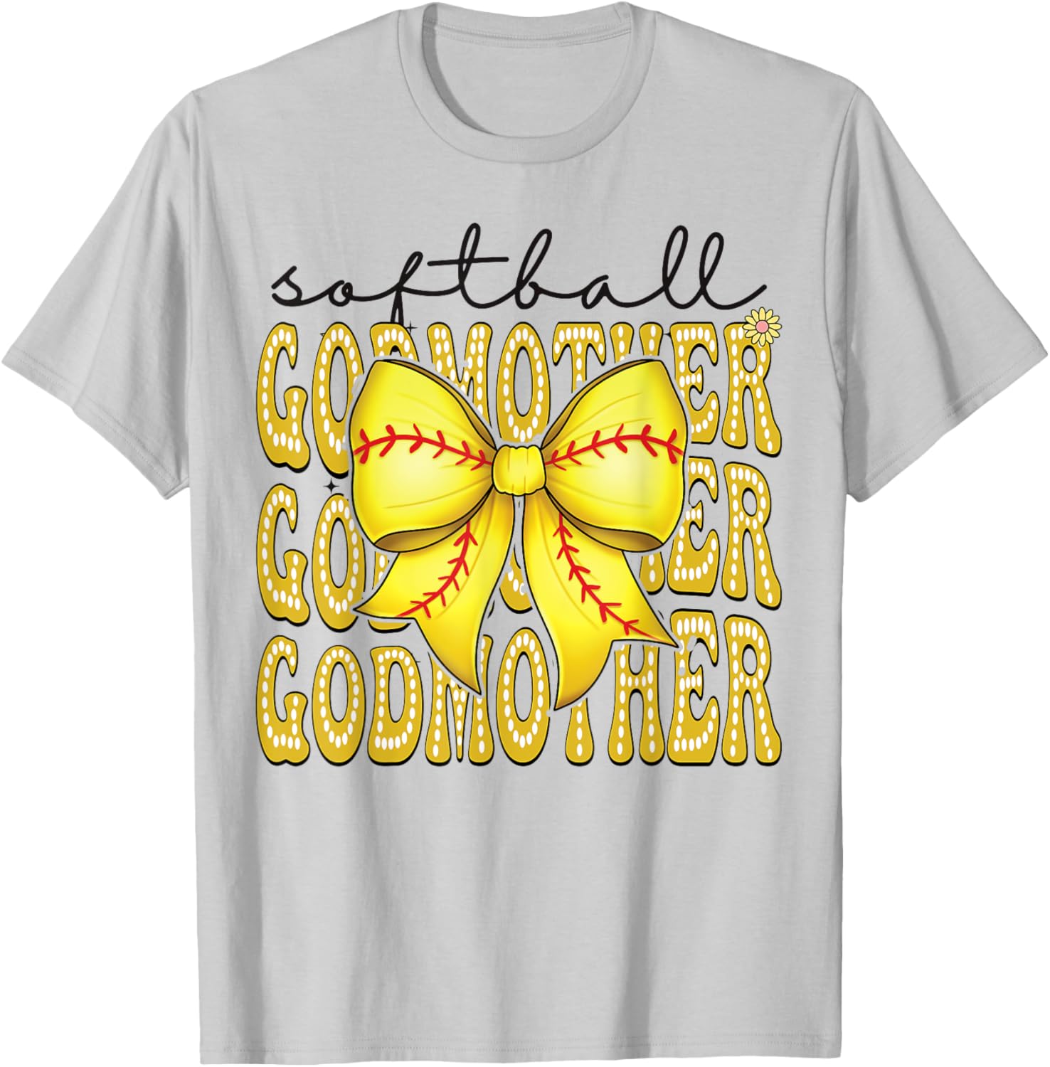 Softball GodMother Retro Softball Coquette Bow Groovy T-Shirt - T-Shirt | Ash