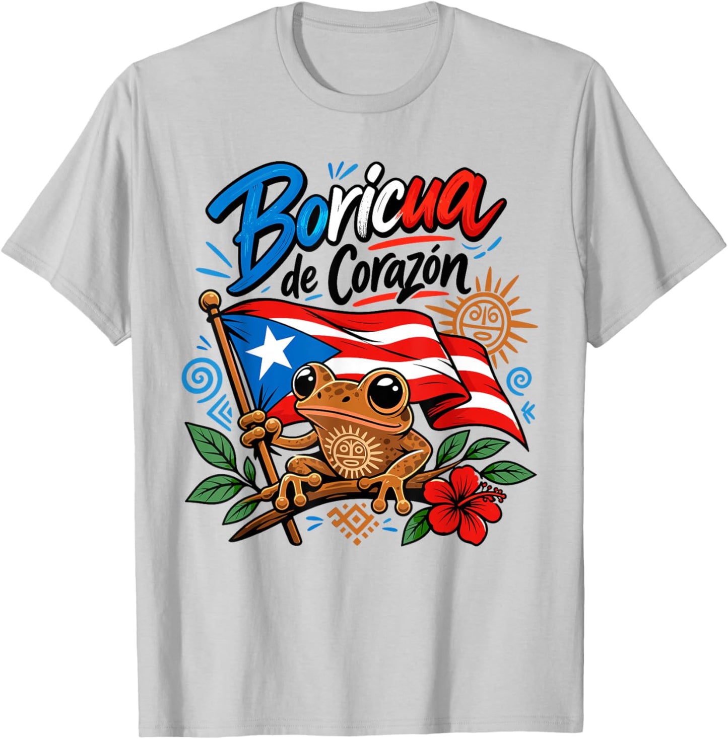 Boricua De Corazon Coqui Frog Puerto Rico Flag Pride T-Shirt - T-Shirt | Ash