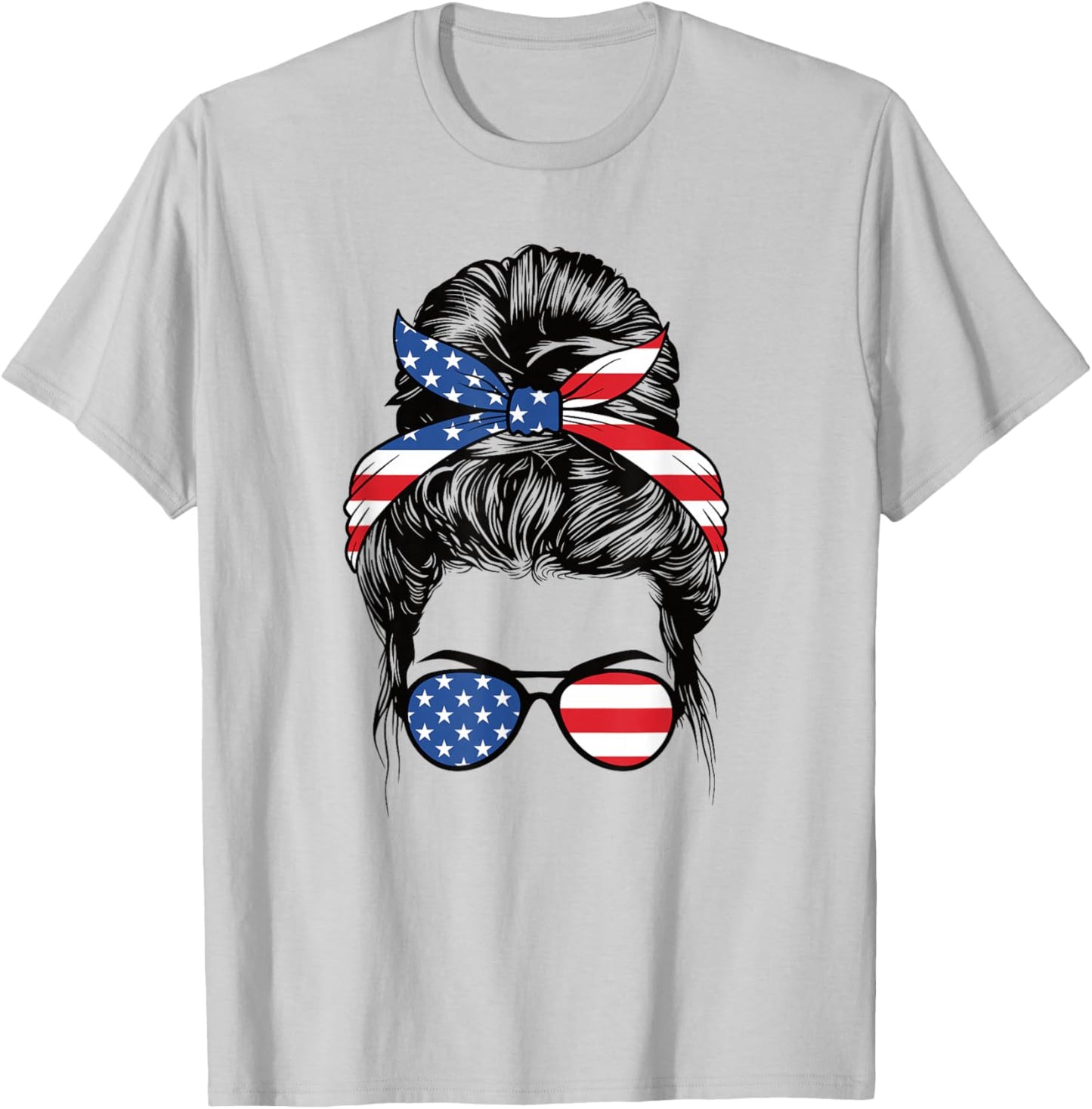 Cute 4th Of July Messy Bun Woman American Flag Patriotic USA T-Shirt - T-Shirt | Ash
