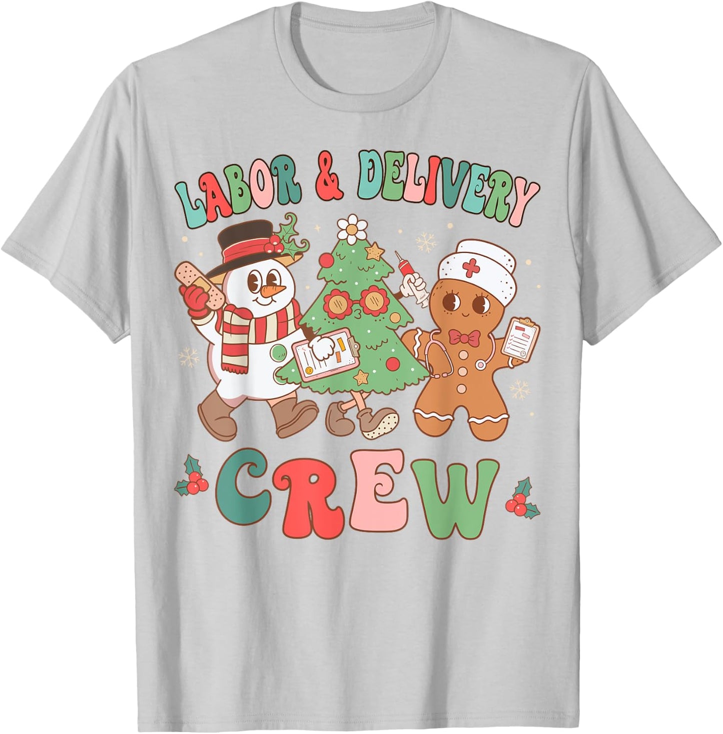Labor & Delivery Nurse Crew Christmas Tree Retro Nurse T-Shirt - T-Shirt | Ash