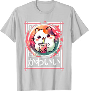 Cute Cat Boba Tea Anime Japanese Kids Teens , Black, S T-Shirt - T-Shirt | Ash