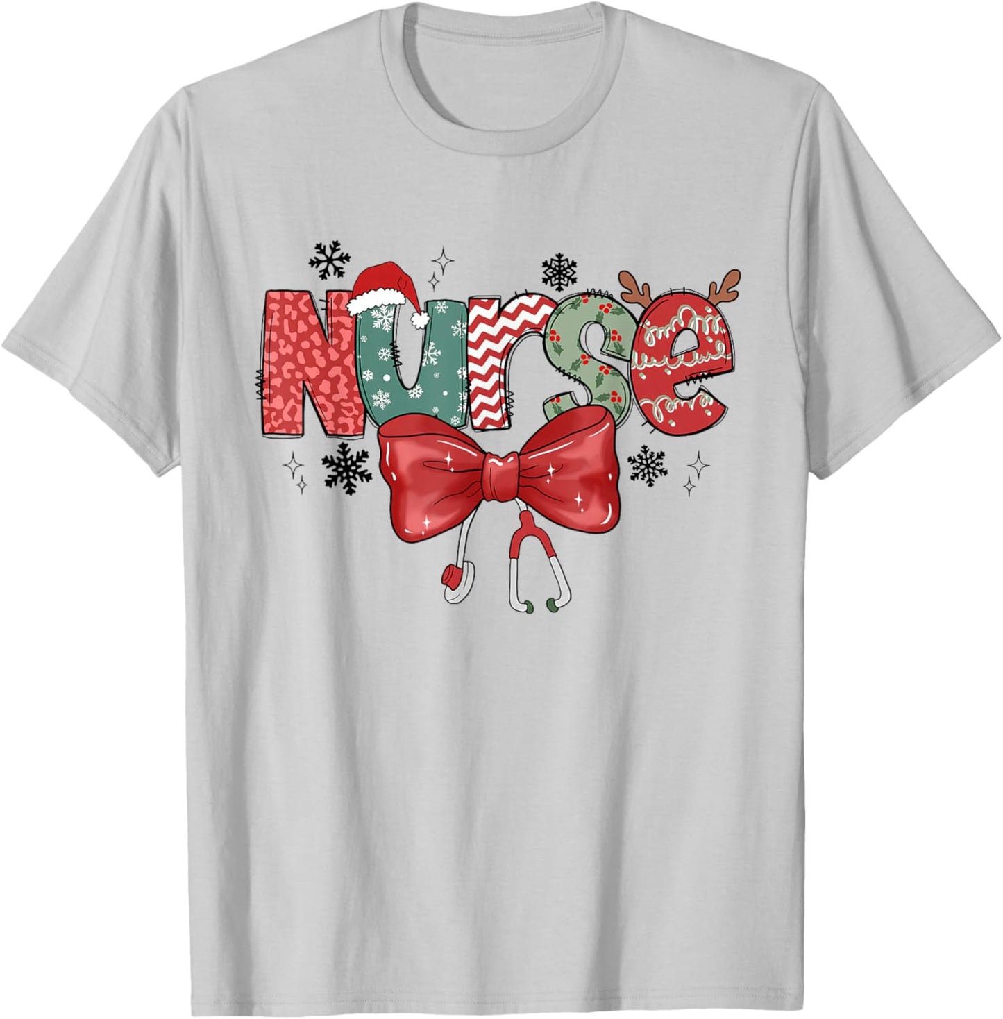 Christmas Nurse Coquette Bow Stethoscope Nursing Xmas Pjs T-Shirt - T-Shirt | Ash