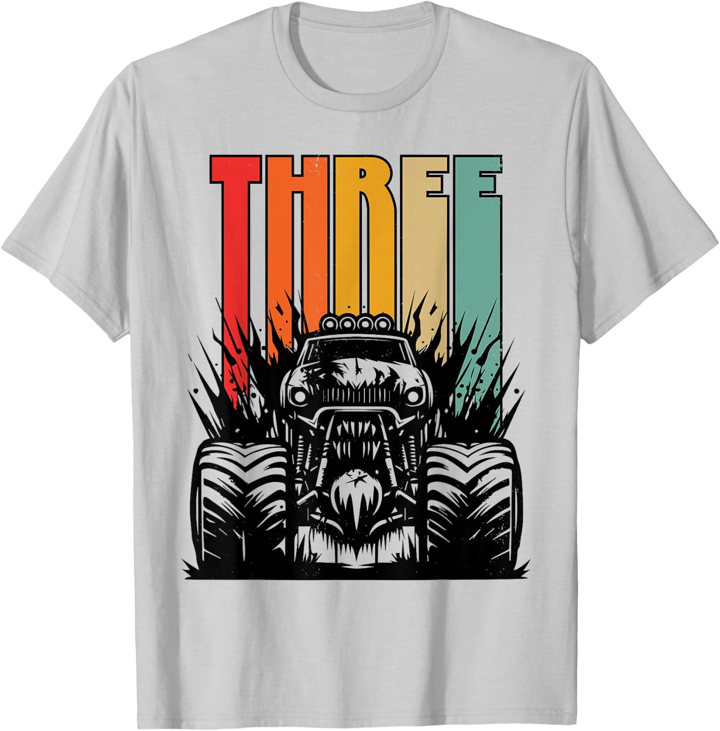 3 Year Old Monster Truck Lovers 3rd Birthday Party Retro T-Shirt - T-Shirt | Ash