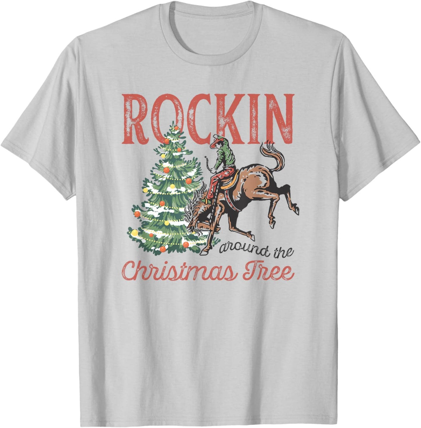 Rocking Around The Christmas Tree Vintage Country Cowboy T-Shirt - T-Shirt | Ash
