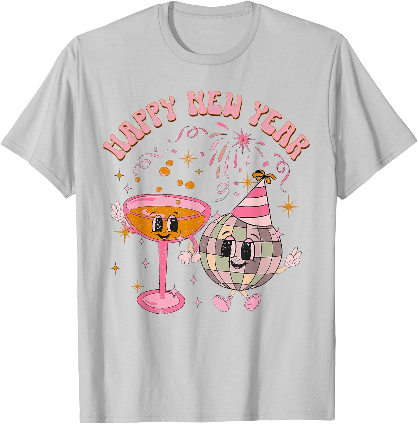 Happy New Year 2025 Disco Ball Wine Glass Cheers Drink Party T-Shirt - T-Shirt | Ash