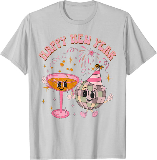 Happy New Year 2025 Disco Ball Wine Glass Cheers Drink Party T-Shirt - T-Shirt | Ash