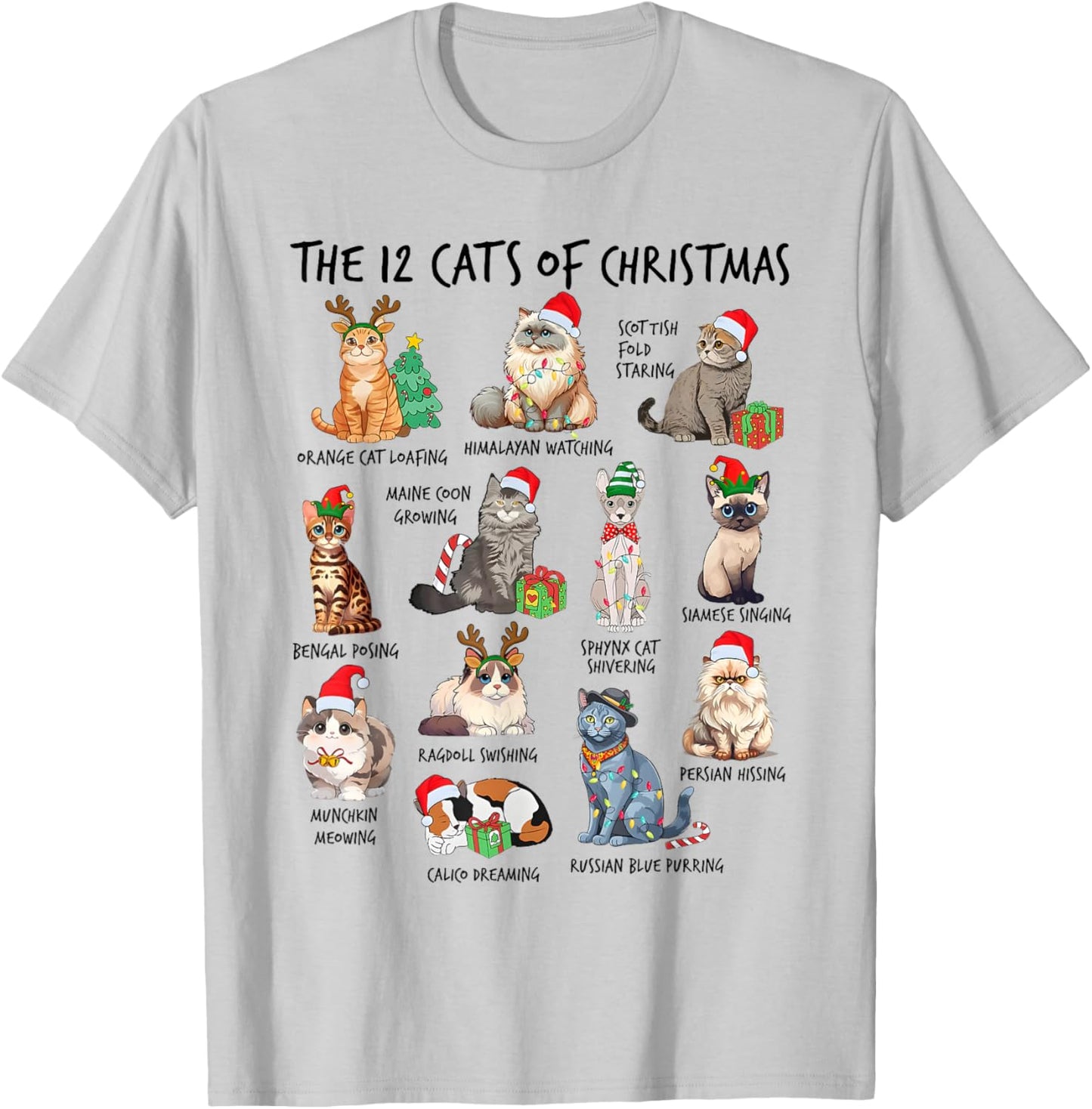 12 Cats of Christmas Funny Christmas Cat Lover Xmas Holiday Men Women Kids T-Shirt - T-Shirt | Ash