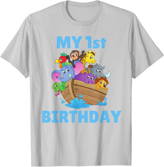 Noahs Ark First Birthday Party 1st Year Kids Toddler Animals T-Shirt - T-Shirt | Ash
