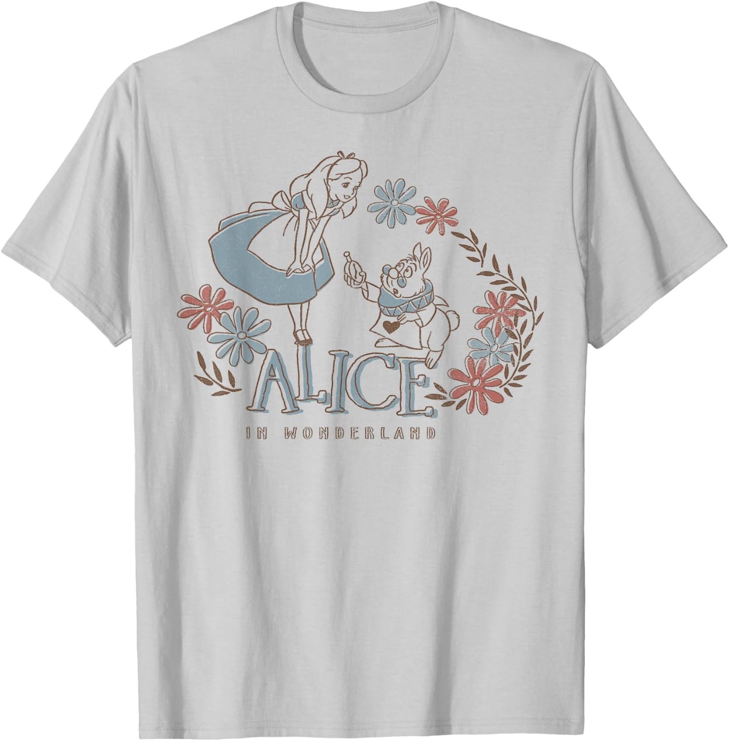 Disney Alice In Wonderland Alice And White Rabbit Floral T-Shirt - T-Shirt | Ash