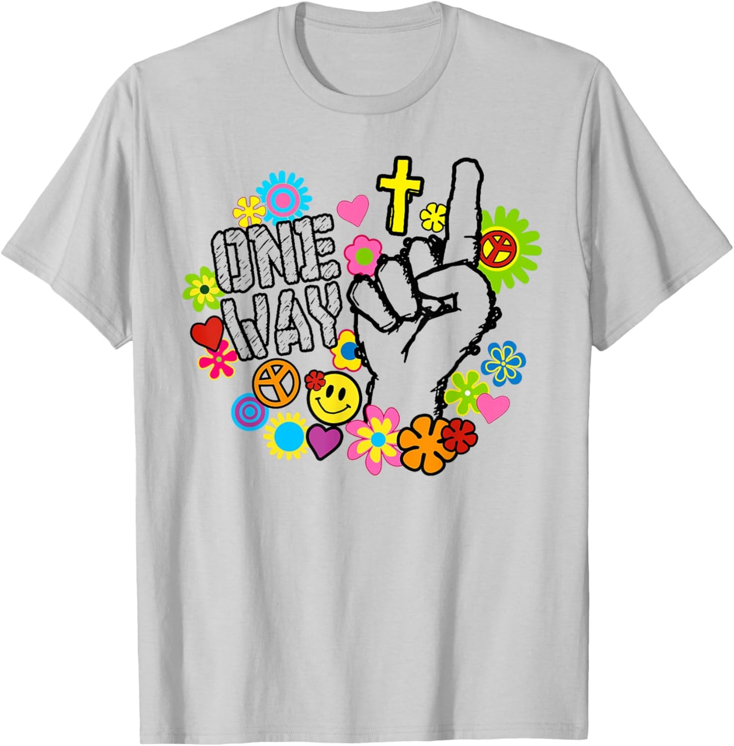 Funny One Way Jesus Floral Finger Up Christian Revolution T-Shirt - T-Shirt | Ash