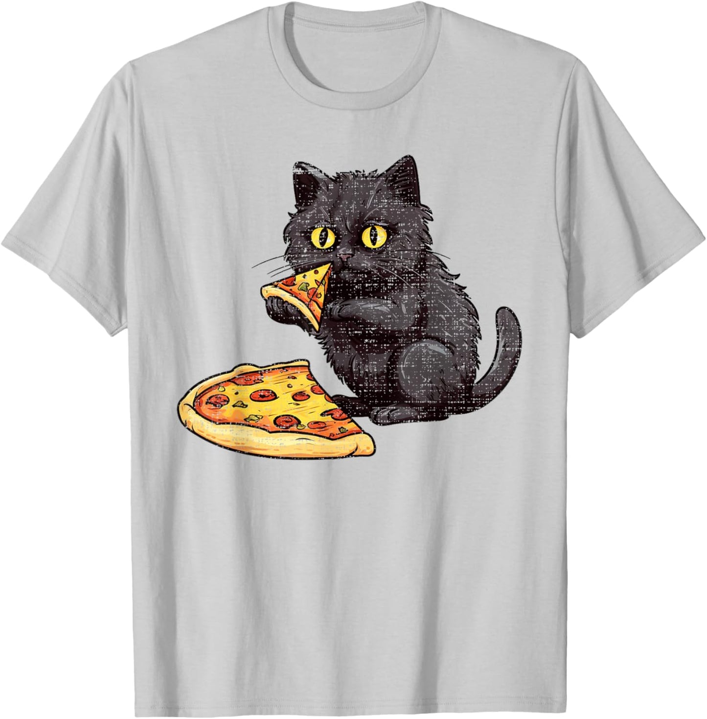 Black Cat Pizza, Kitty Cat Lovers Pizza Slice Watercolor T-Shirt - T-Shirt | Ash