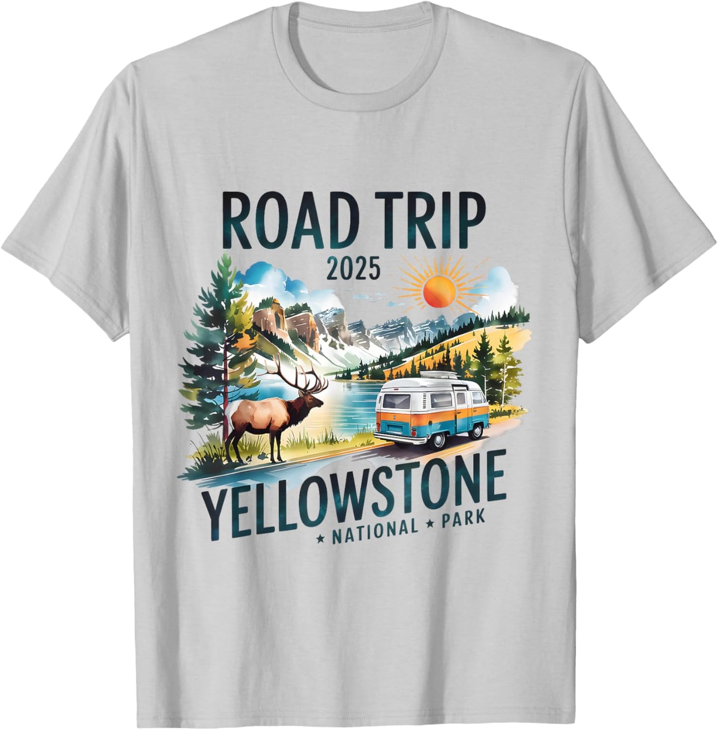 Yellowstone Road Trip 2025 Nature Adventure Souvenir Design T-Shirt - T-Shirt | Ash