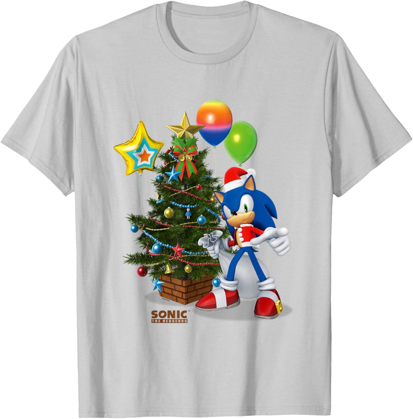 Sonic The Hedgehog Christmas Beautiful Decorated Tree Logo T-Shirt - T-Shirt | Ash