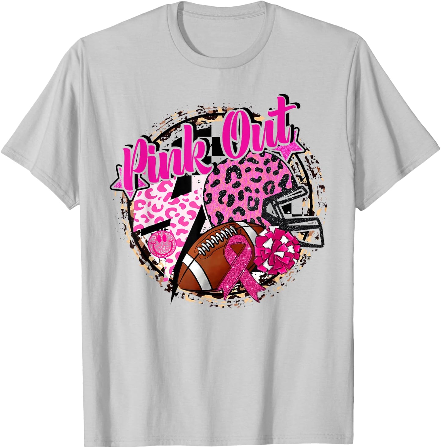 Pink Out Cheer Football Pink Ribbon Breast Cancer Awareness T-Shirt - T-Shirt | Ash