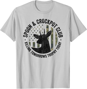 Spoon And Crockpot Club Funny Deer Hunter Hunting Joke CAMO T-Shirt - T-Shirt | Ash