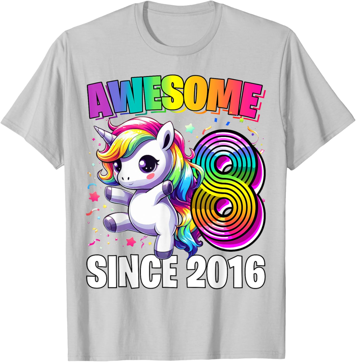Unicorn 8th Birthday 8 Year Old Unicorn Party Girls Outfit T-Shirt - T-Shirt | Ash