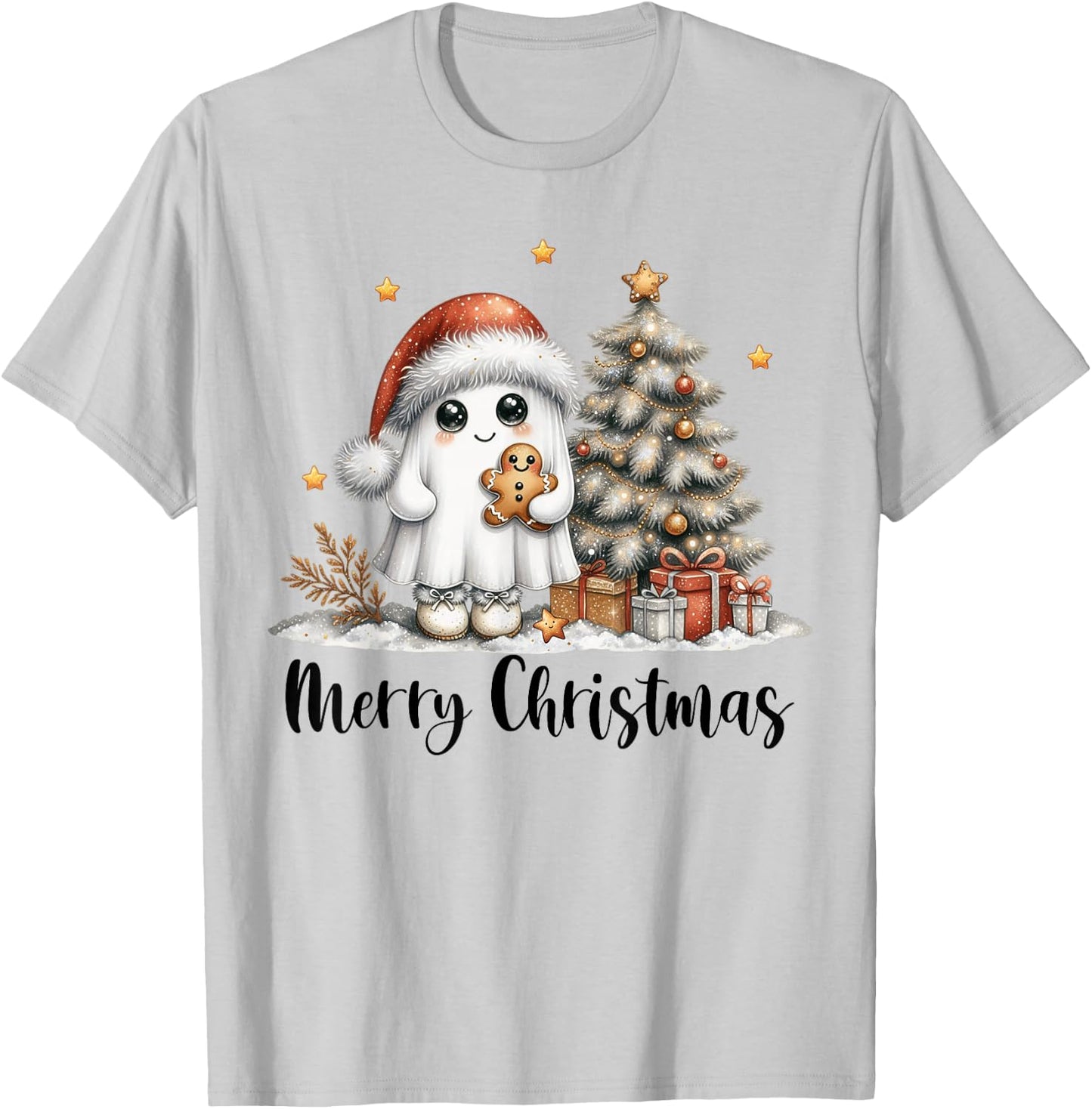 Merry Christmas Ghost With Santa Hat Xmas Tree Lights Men T-Shirt - T-Shirt | Ash