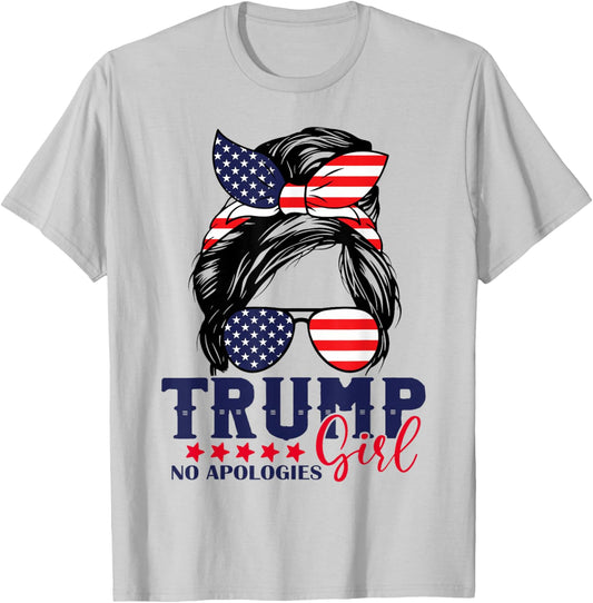 Trump Girl No Apologies Messy Bun Trump 2024 American Flag T-Shirt - T-Shirt | Ash