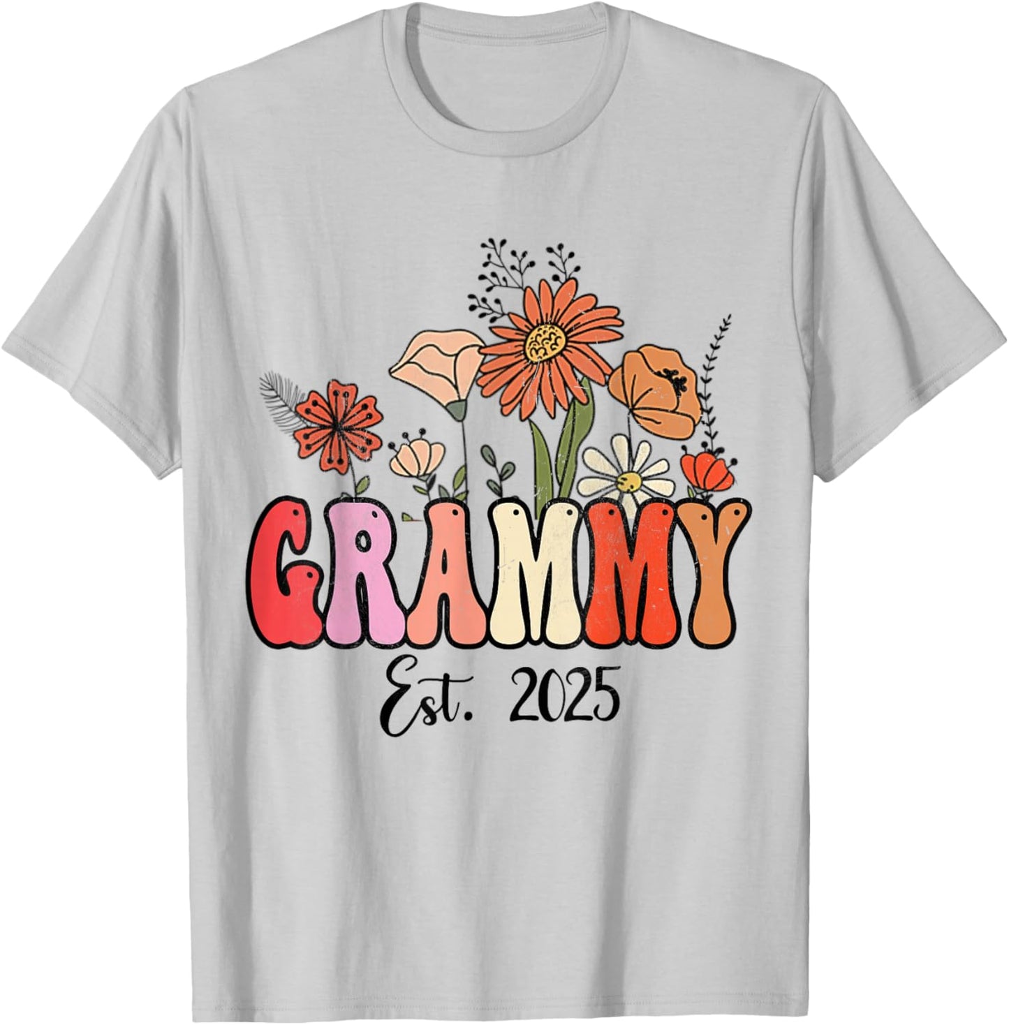 Flowers Groovy Retro Grammy Est 2025 Grammy To Be Gifts T-Shirt - T-Shirt | Ash