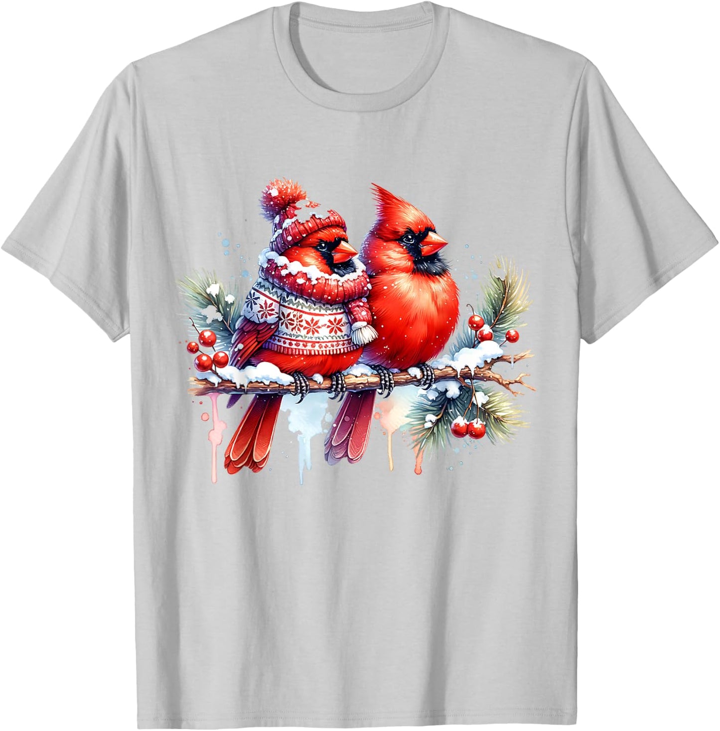 Red Christmas Cardinal Pair Snow Cute Bird Winter lovers T-Shirt - T-Shirt | Ash