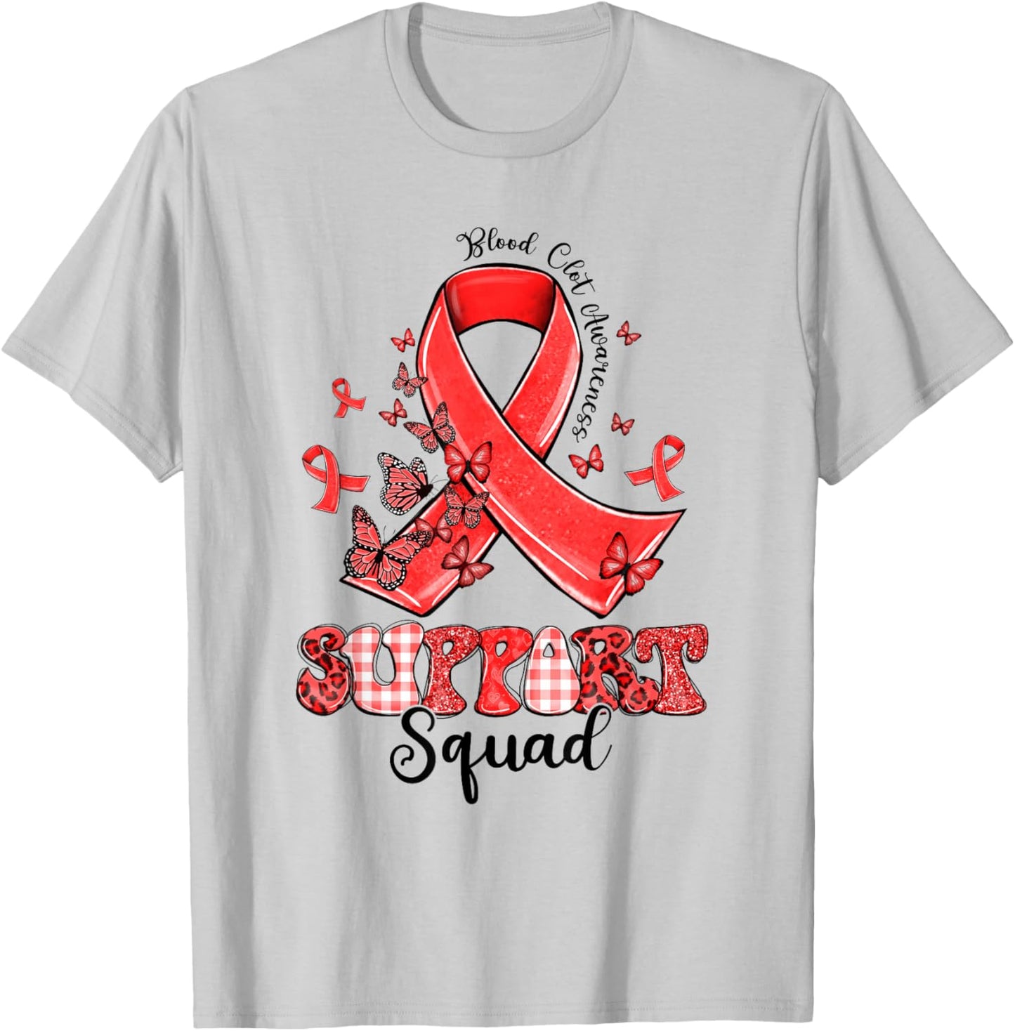 Support Squad Red Ribbon Butterfly Blood Clot Awareness T-Shirt - T-Shirt | Ash