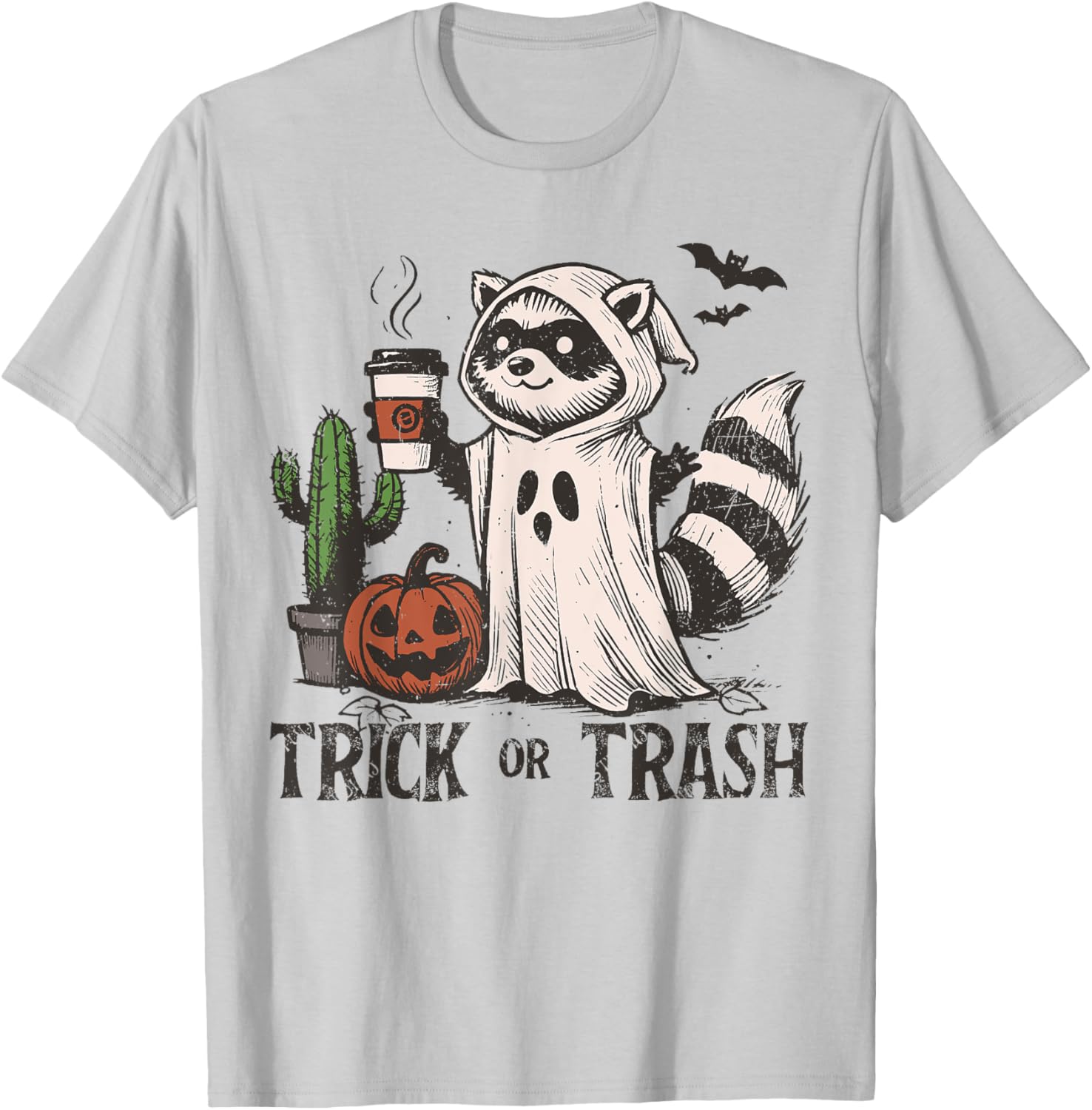 Trick or Trash Funny Coffee Racoon trash panda Halloween T-Shirt - T-Shirt | Ash