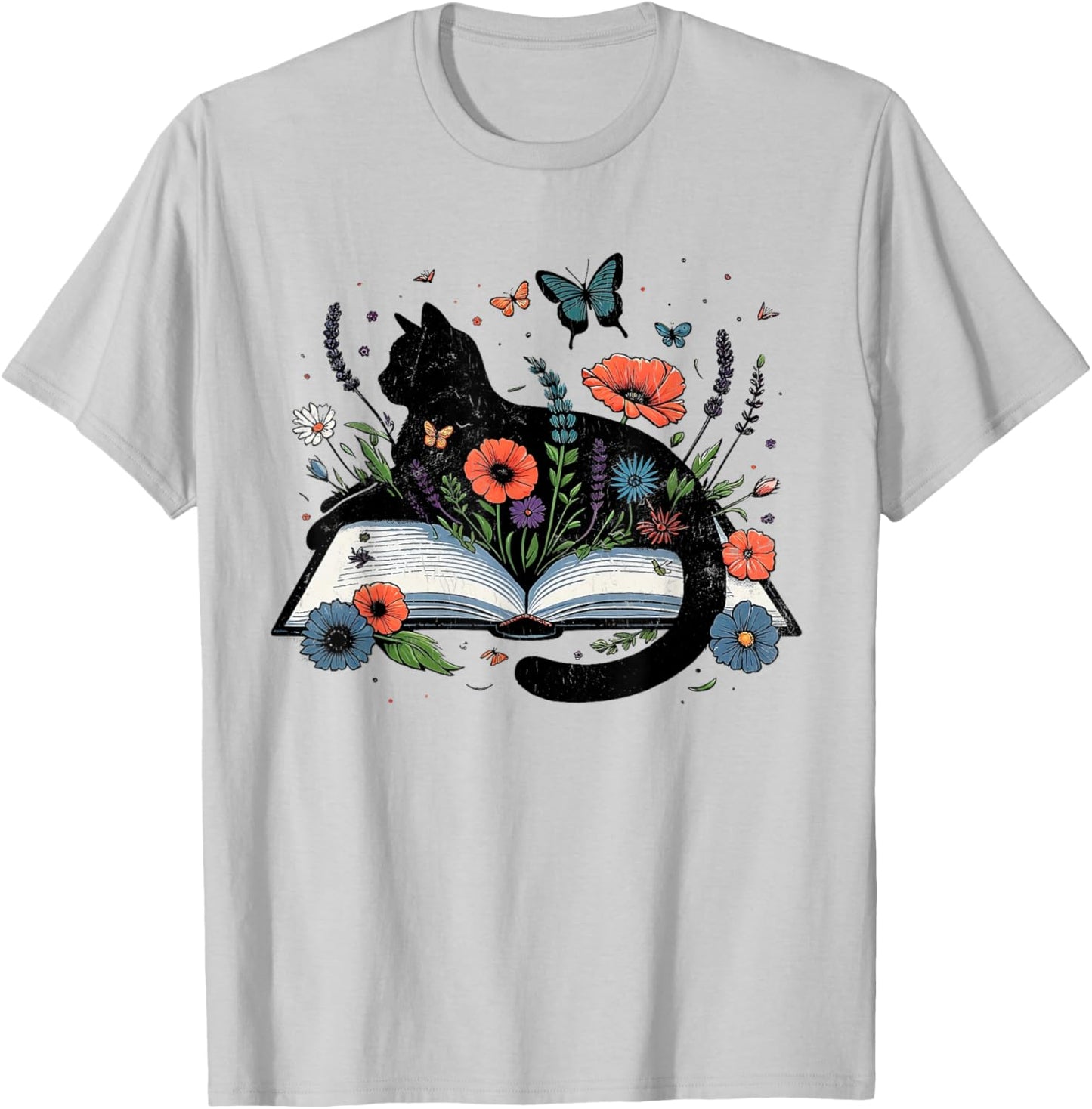 Retro Cute Cat Floral Book Librarian Vintage Floral Cat Book T-Shirt - T-Shirt | Ash