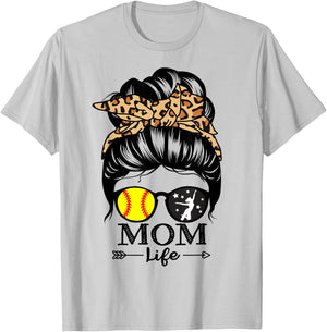 Mom Life Messy Bun Hair Funny Softball Dance Mom T-Shirt - T-Shirt | Ash