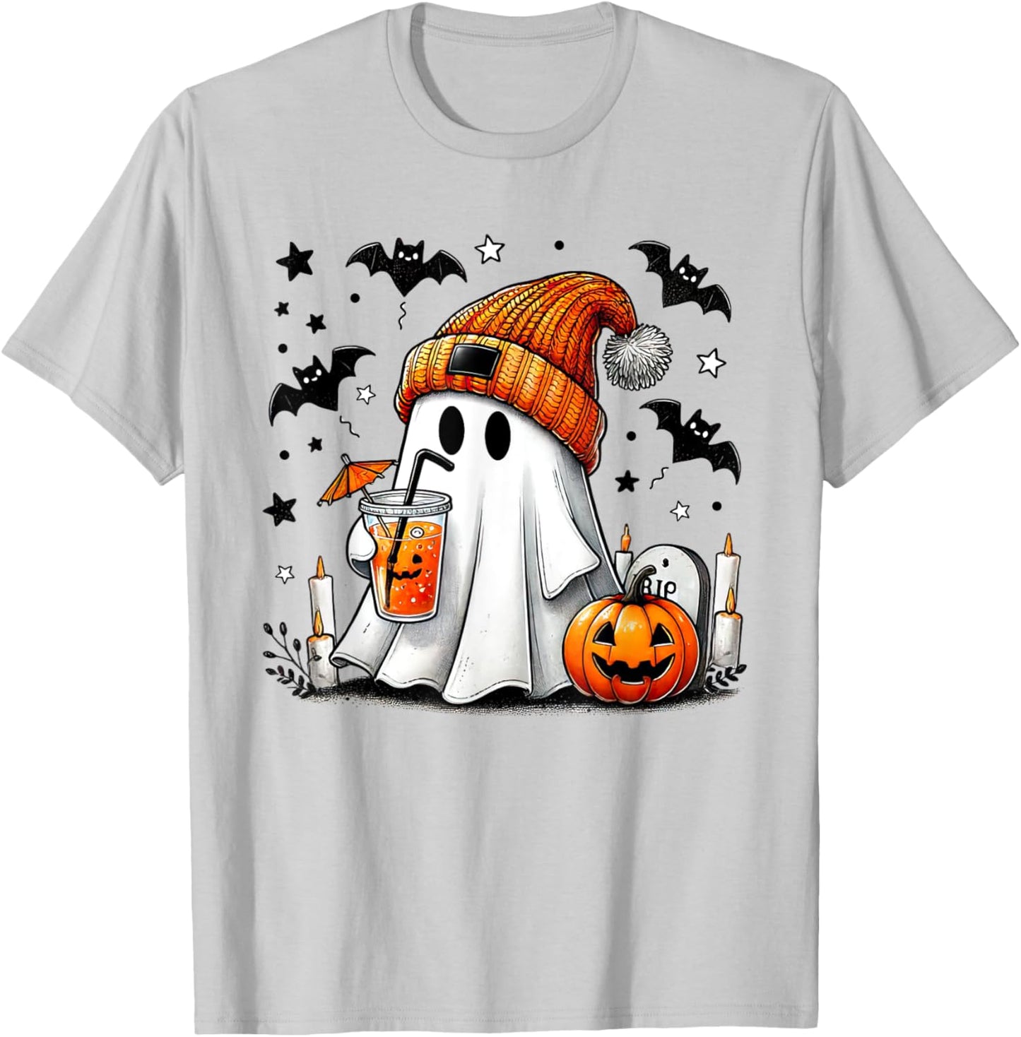 Cute Ghost Drinking Coffee Halloween Ghost Coffee T-Shirt - T-Shirt | Ash