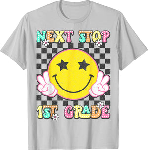 Groovy Next Stop 1st Grade Kindergarten Graduation 2025 T-Shirt - T-Shirt | Ash